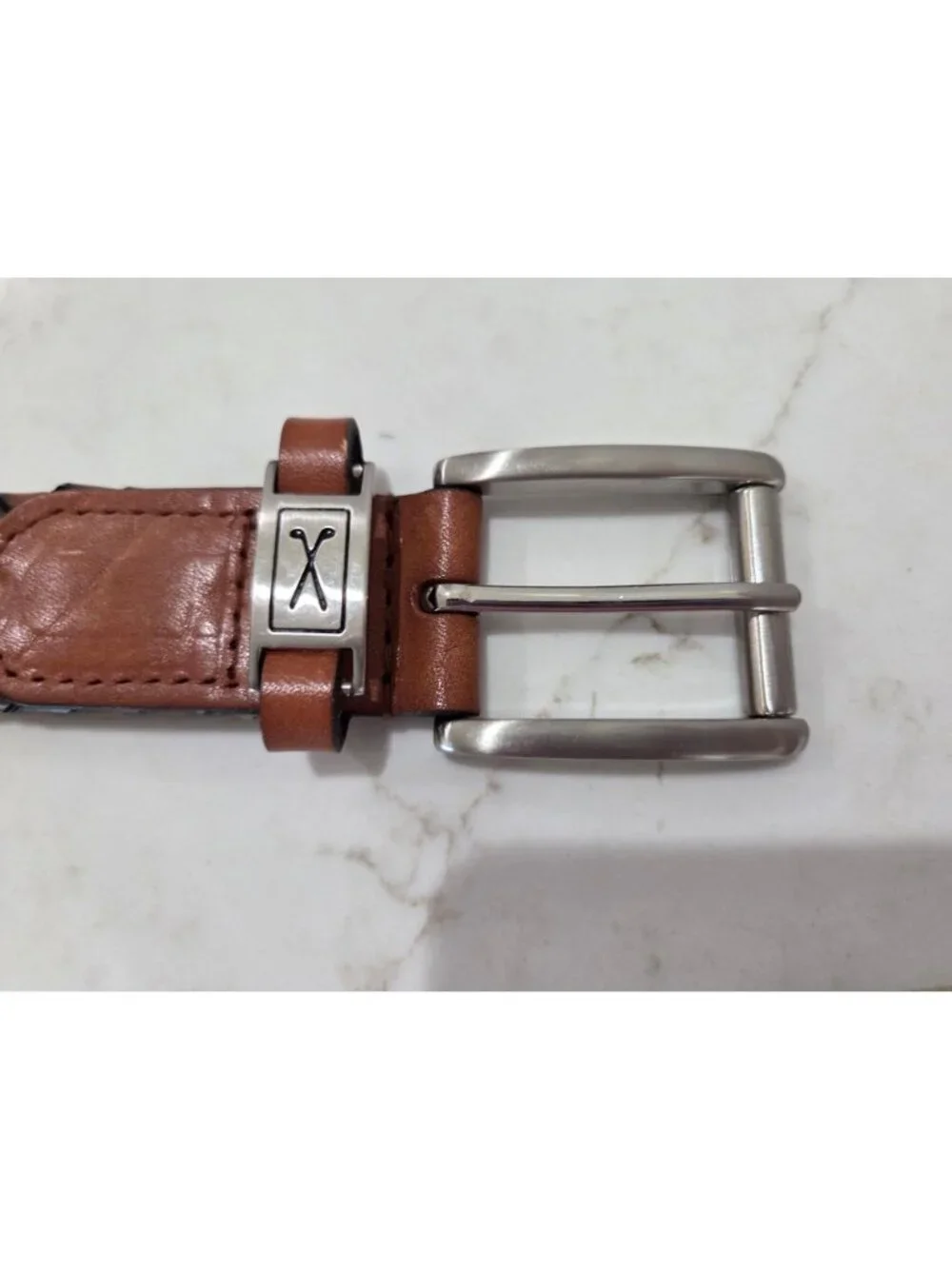 Danbury Men’s sz 34 Braided Leather Belt Cognac Brown Golf Crossed Clubs Buckle